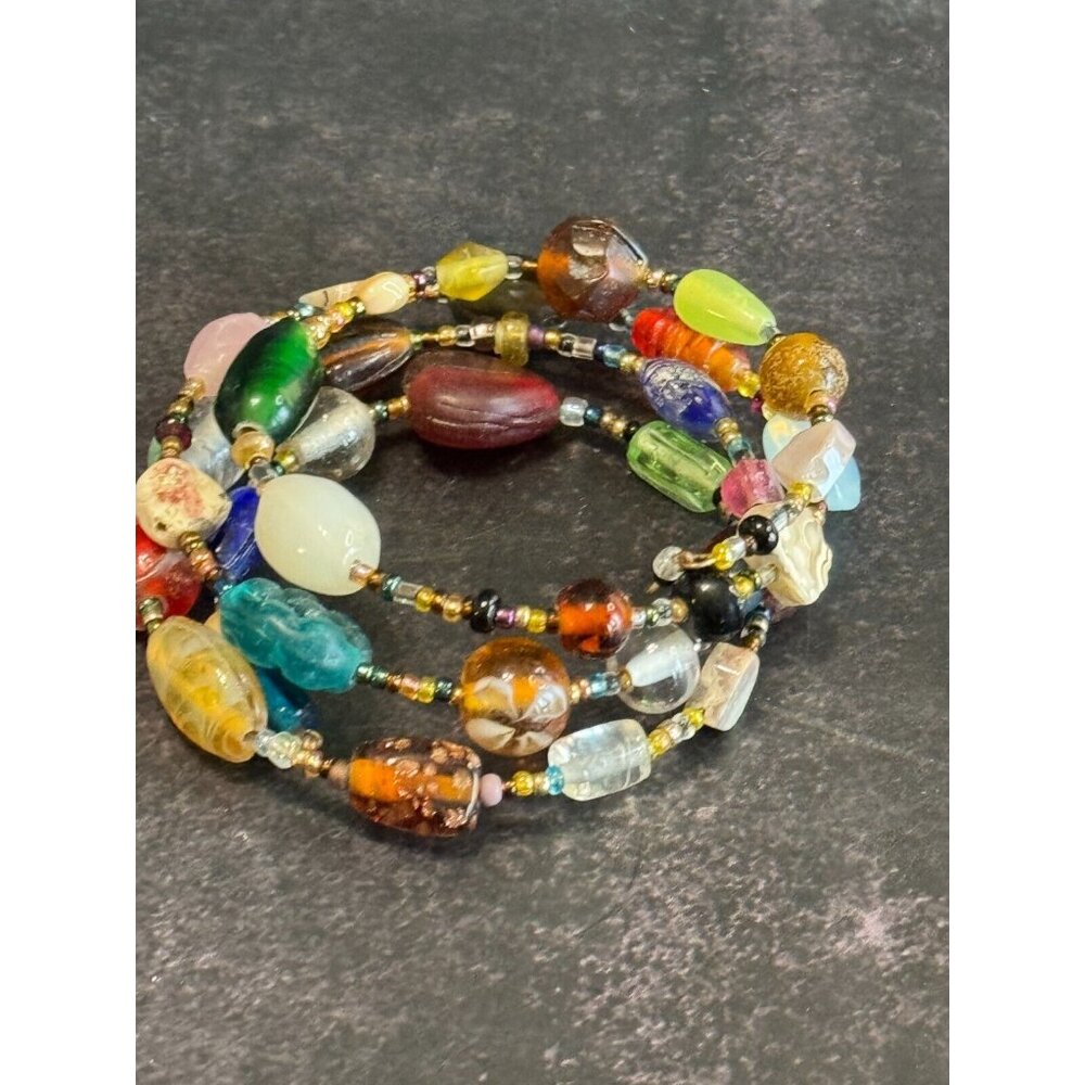 Vintage Art Glass & Gemstone Multi-Color Wrap Bracelet Boho Style - Picture 10 of 10